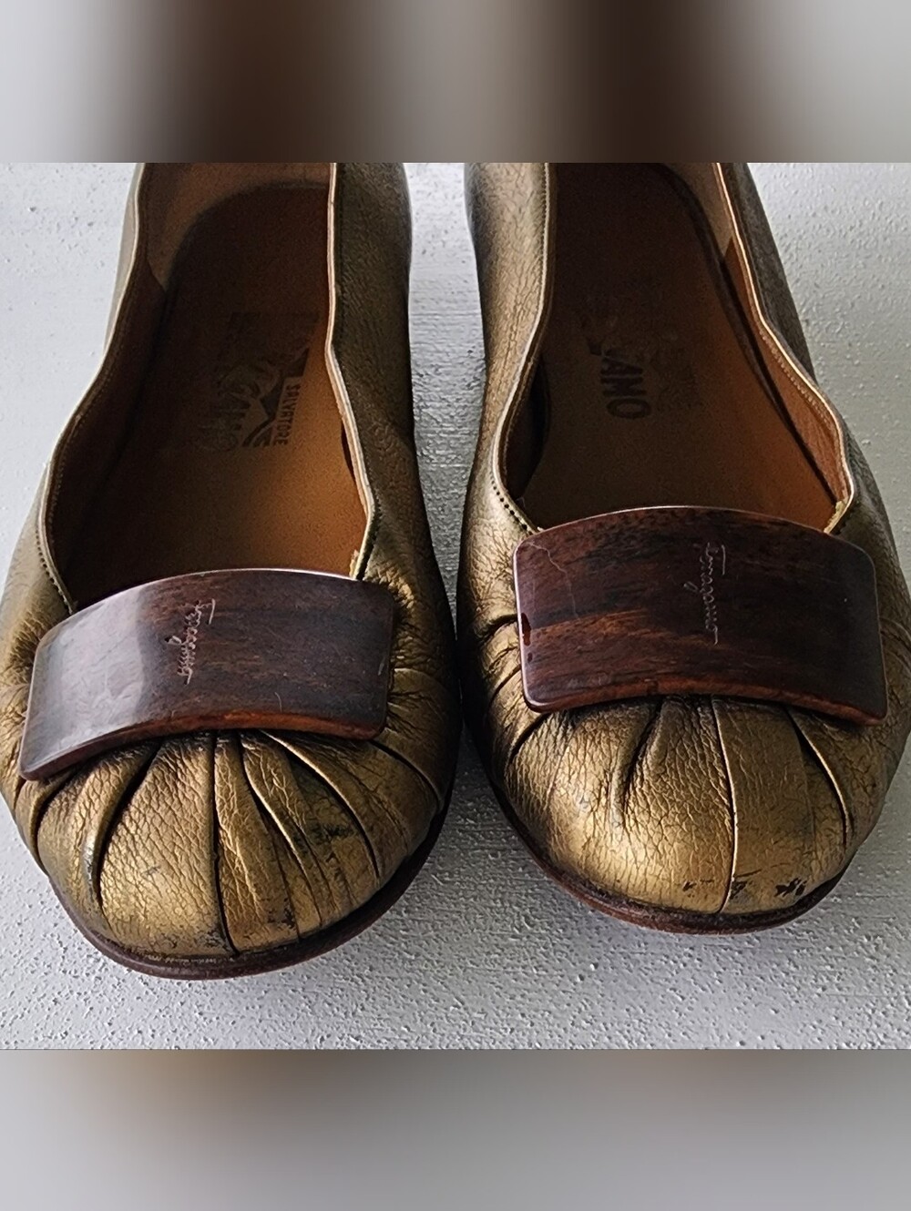 Salvatore Ferragamo Gold Leather Cap-Toe Ballet Flats - Picture 5 of 12